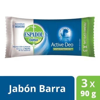 Jabón Tocador Antibacterial Espadol Dettol Active Deo 90g 3un