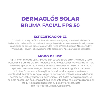 Protector Solar Dermaglós Facial FPS 50 Bruma Spray 75ml