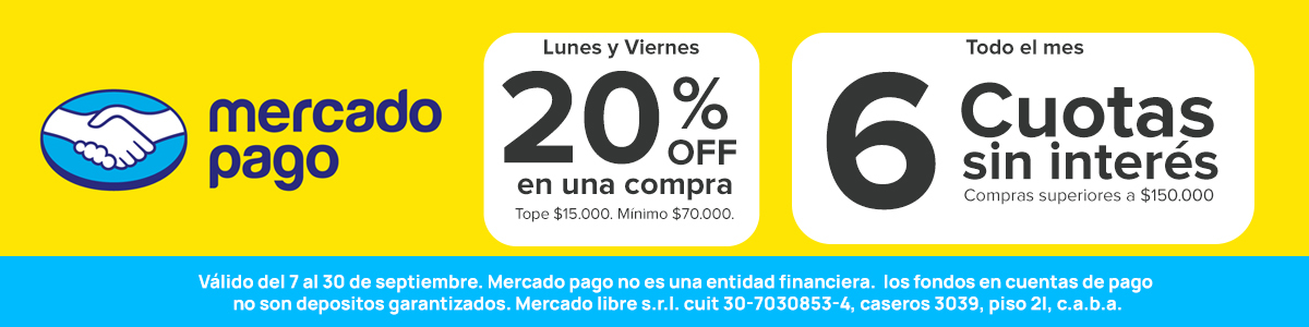 Mercado Pago 20% lunes y viernes. Hasta 6 cuotas sin interés