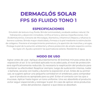 Protector Solar Facial  Dermaglós FPS 50 Fluido Tono 1 50 gr